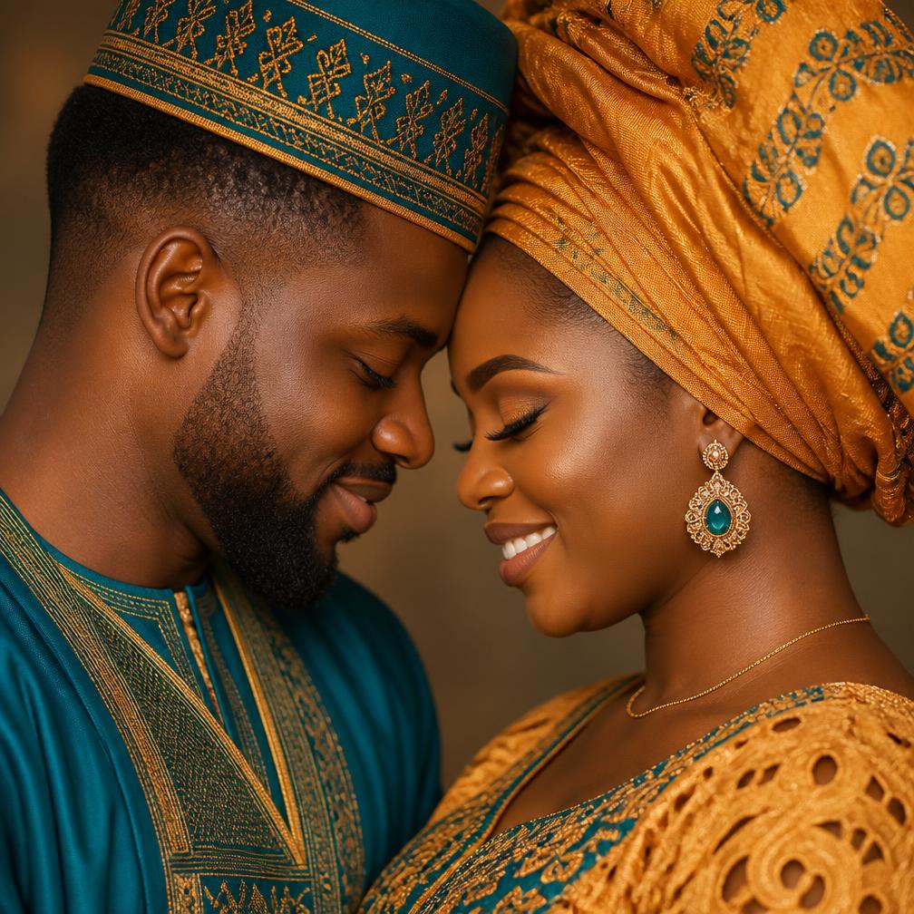 Close-up portrait of the couple in gold and teal attire
