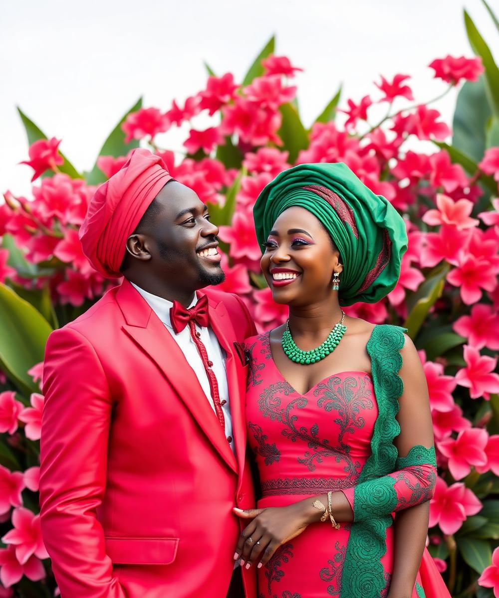 Couple laughing together in coral and emerald outfits